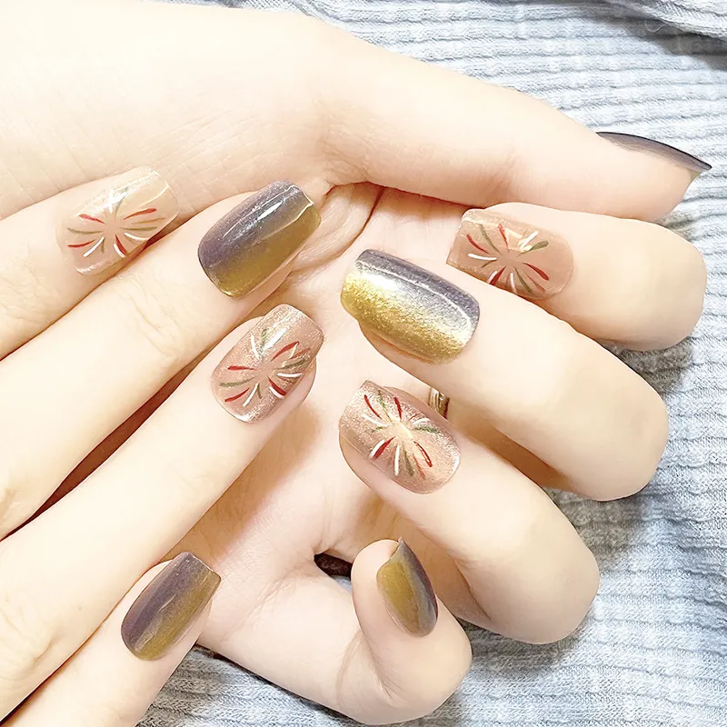 Fireworks Pattern Press On Nails Cat Eye Gradient Glitter Short Round Square Artificial Fingernails For Women DIY Manicure