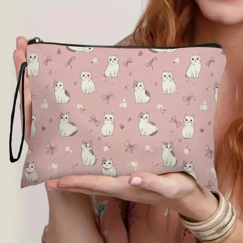 Trousse De Toilette Imprimé Chat Mignon Sac À Maquillage Portable En Lin Avec Fermeture Éclair Et Dragonne Pour Femmes Filles