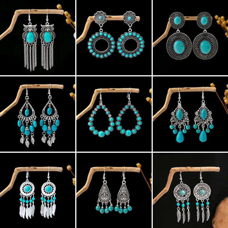 Bohemian Vintage Dangle Earrings Women With Synthetic Turquoise And 925 Sterling Silver Earring Post Ethnic Retro Style