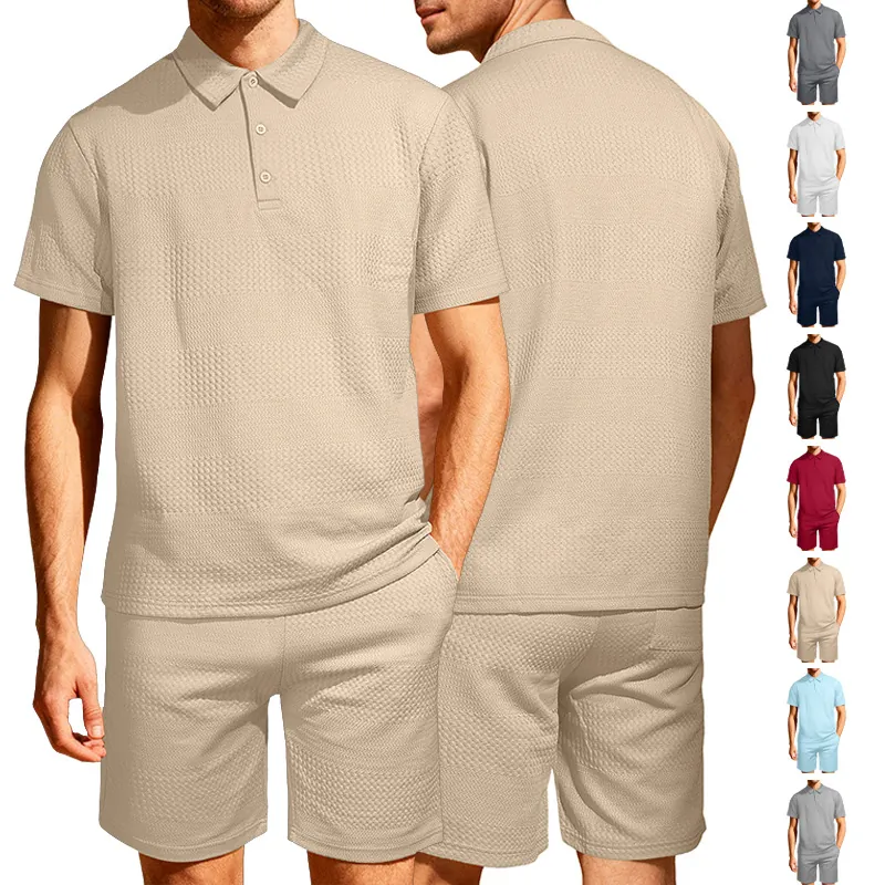 Set Polo E Pantaloncini Da Uomo Maglia A Nido D'Ape Tinta Unita Manica Corta Risvolto Bottone Casual Estate Vacanza