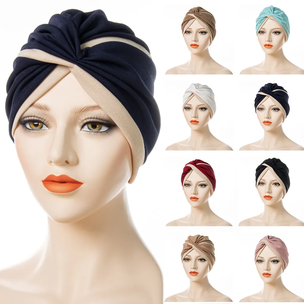 Women Two Tone Turban Hat Twist Pleated Headwrap Polyester Breathable Muslim Headwear Indian Style Soft Elastic Fashion