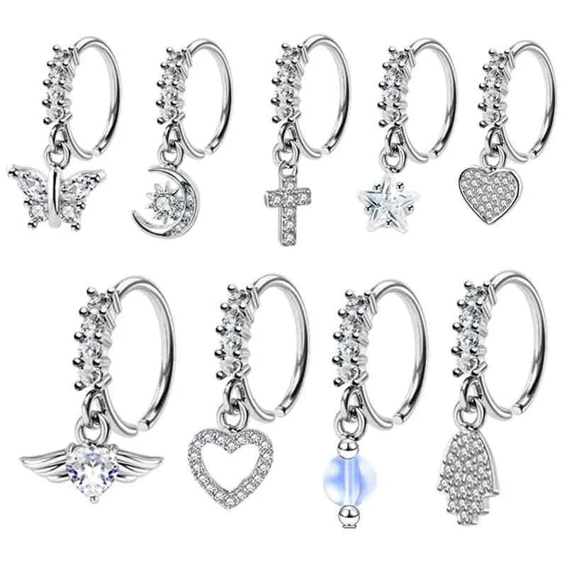 Silver Tone Copper Zircon Nose Hoop Ring With Dainty Butterfly Moon Star Heart Hamsa Hand Dangle Charms Piercing Jewelry