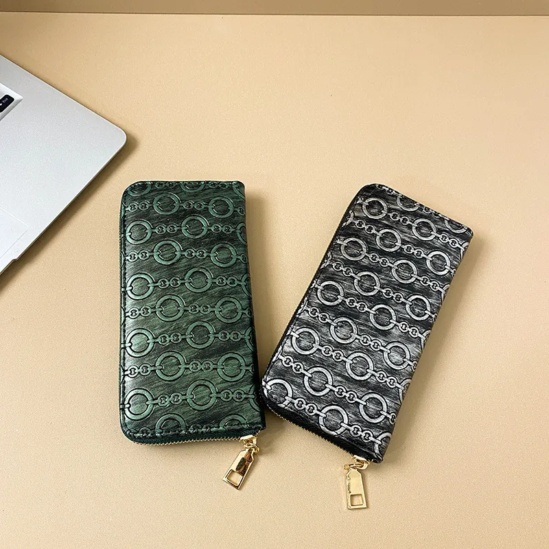 Women Long Wallet PU Leather Zippered Clutch Large Capacity Embossed Chain Pattern Card Holder Purse