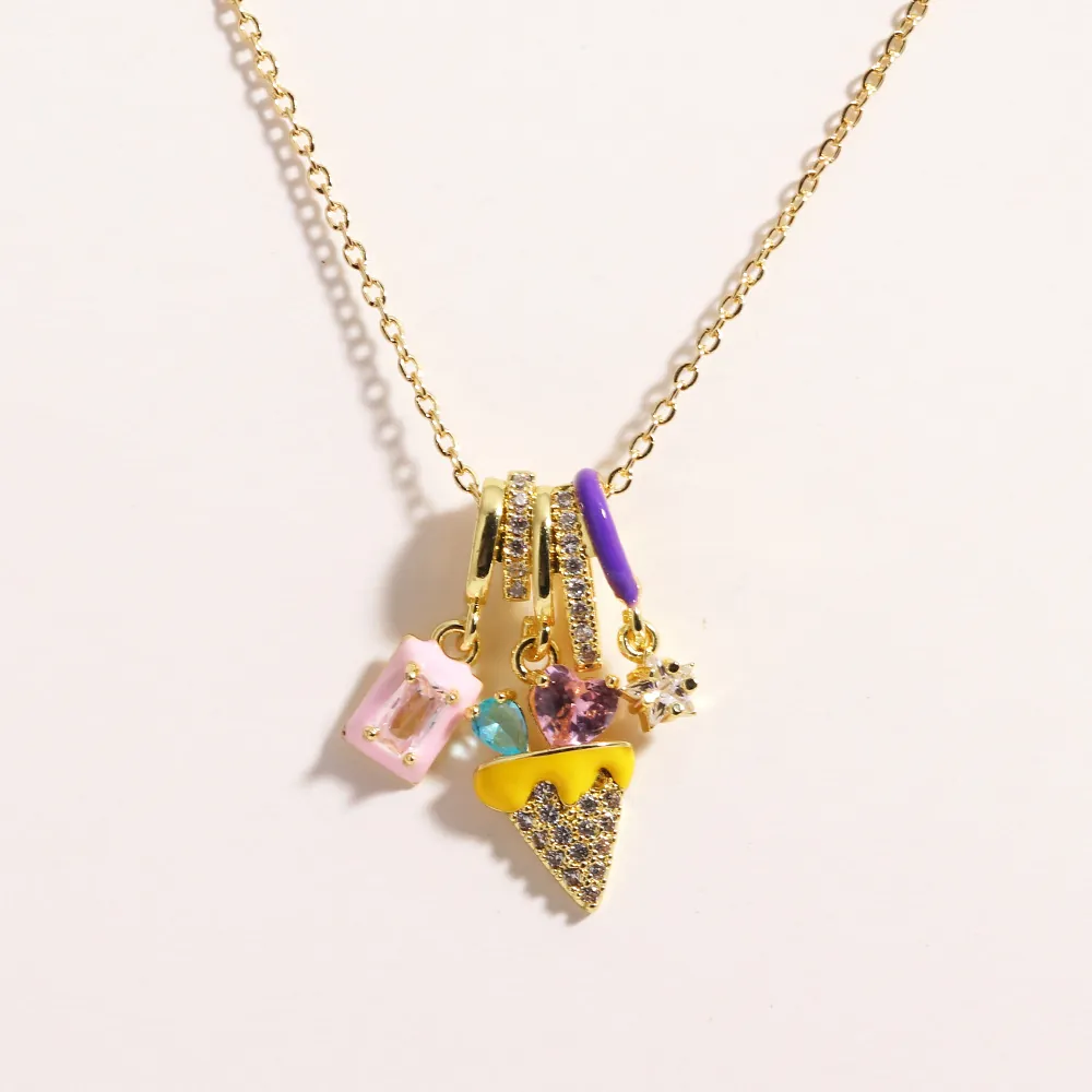 Enamel Copper Necklace With Multicolor Zircon Ice Cream Flower Star Pendant Sweet Dopamine Style Jewelry For Women
