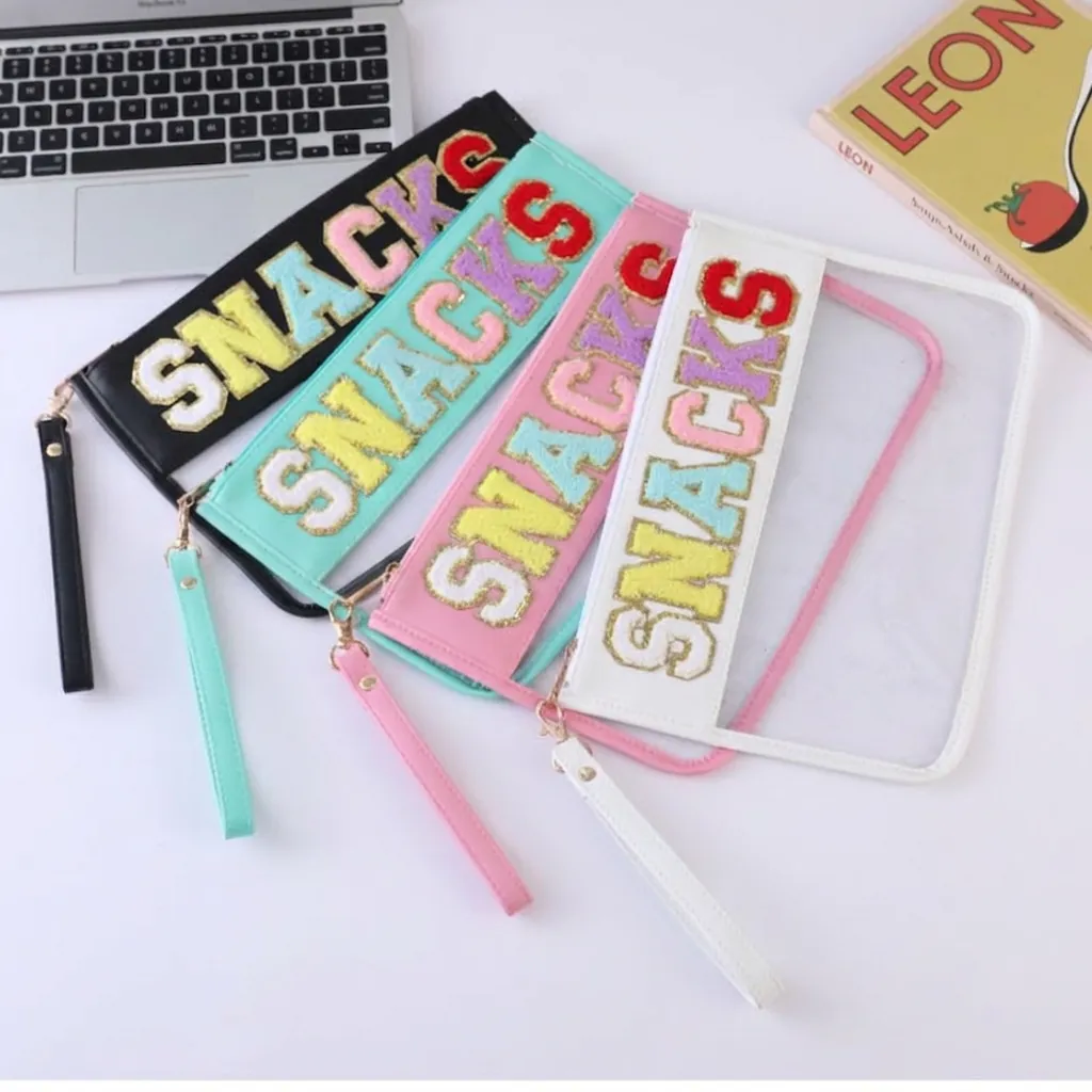 Waterproof Makeup Bag PU Leather Transparent PVC Chenille Letter Patches Zippered Cosmetic Storage Pouch With Wristlet
