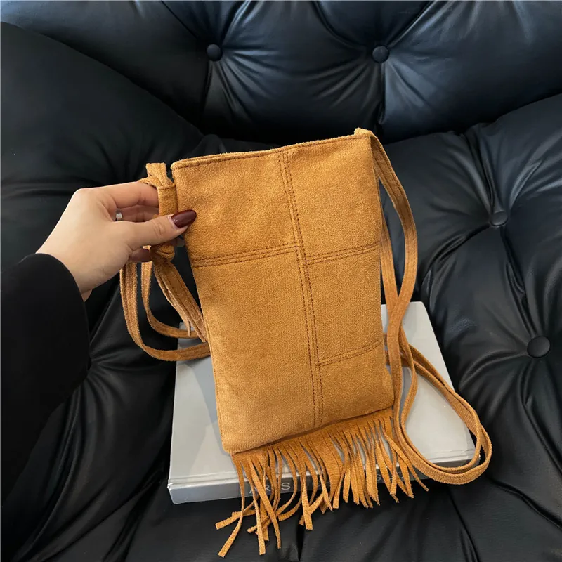 Women Faux Suede Crossbody Bag With Tassel Fringe Bohemian Retro Shoulder Bag Small Splicing Design Handbag