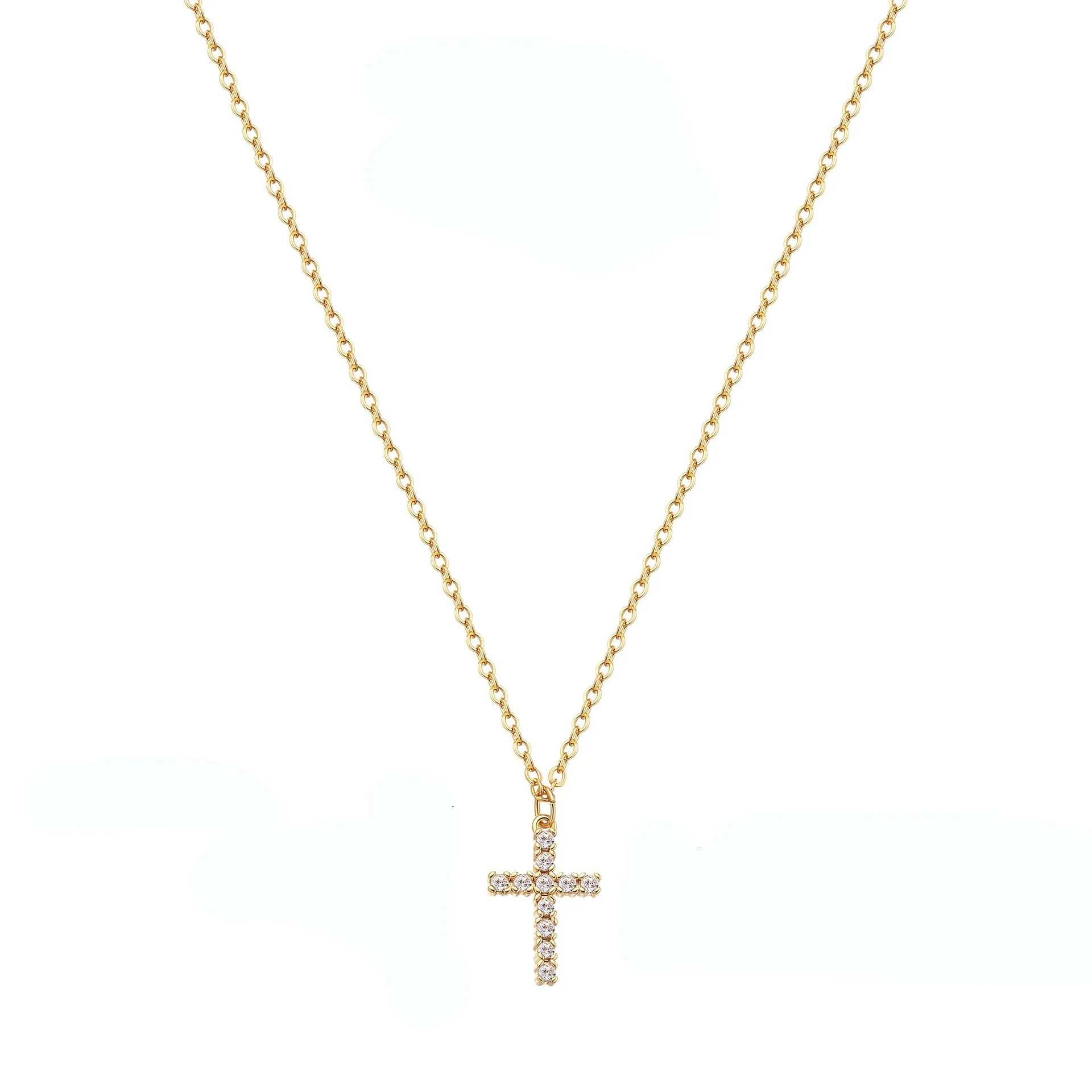 Cross Pendant Necklace Stainless Steel 18K Gold Plated Micro Pave Cubic Zirconia Mini Simple Minimalist Elegant Jewelry For Women