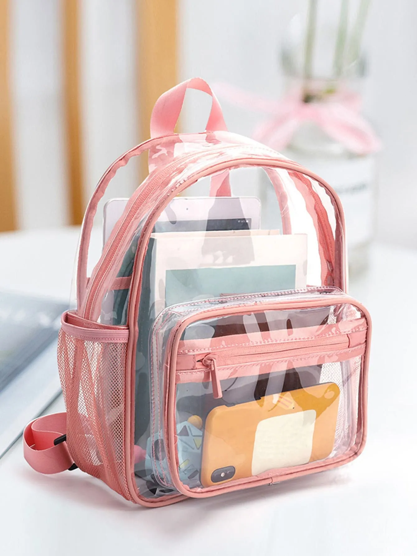 Transparent Backpack Clear PVC Waterproof Casual Shoulder Bag For Students Daily Use Jelly Bookbag With Side Mesh Pockets