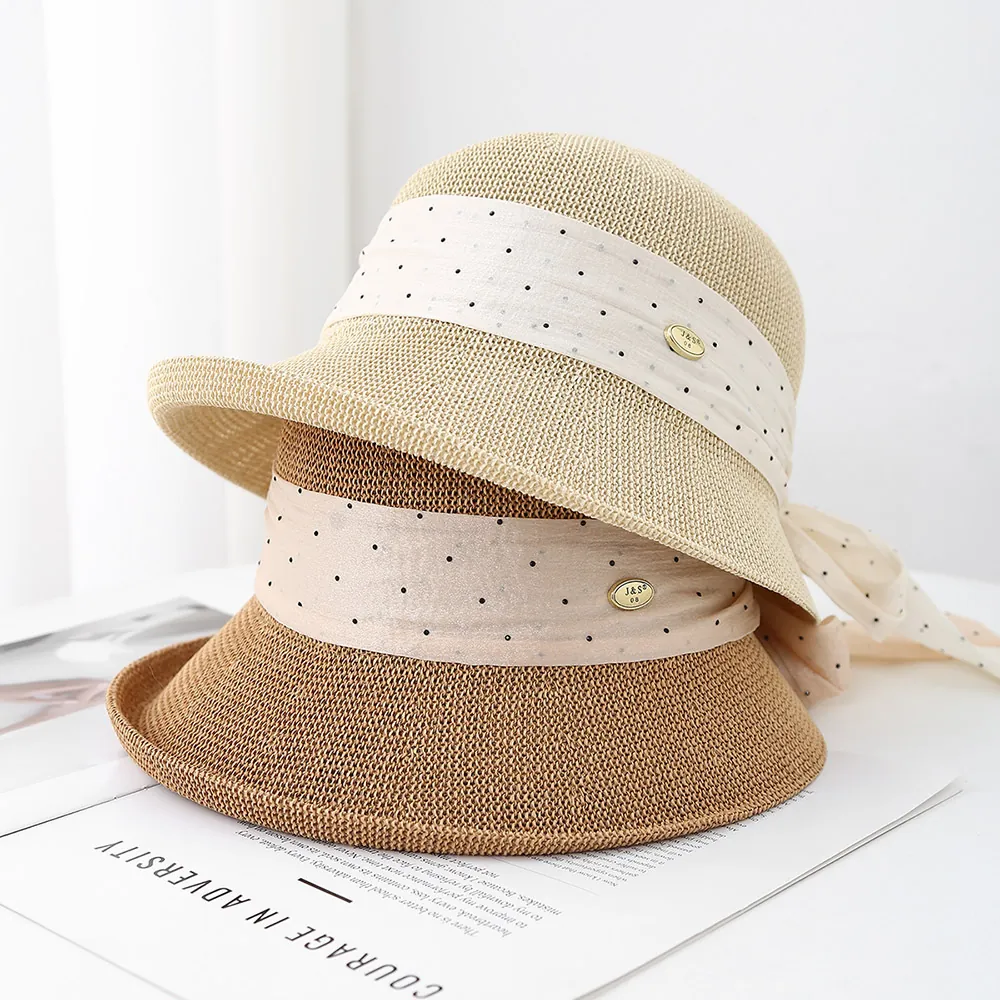 Chapeau De Pêcheur En Paille Femmes Bord Large Protection Solaire Vacances Plage Élégant Ruban À Pois Nœud