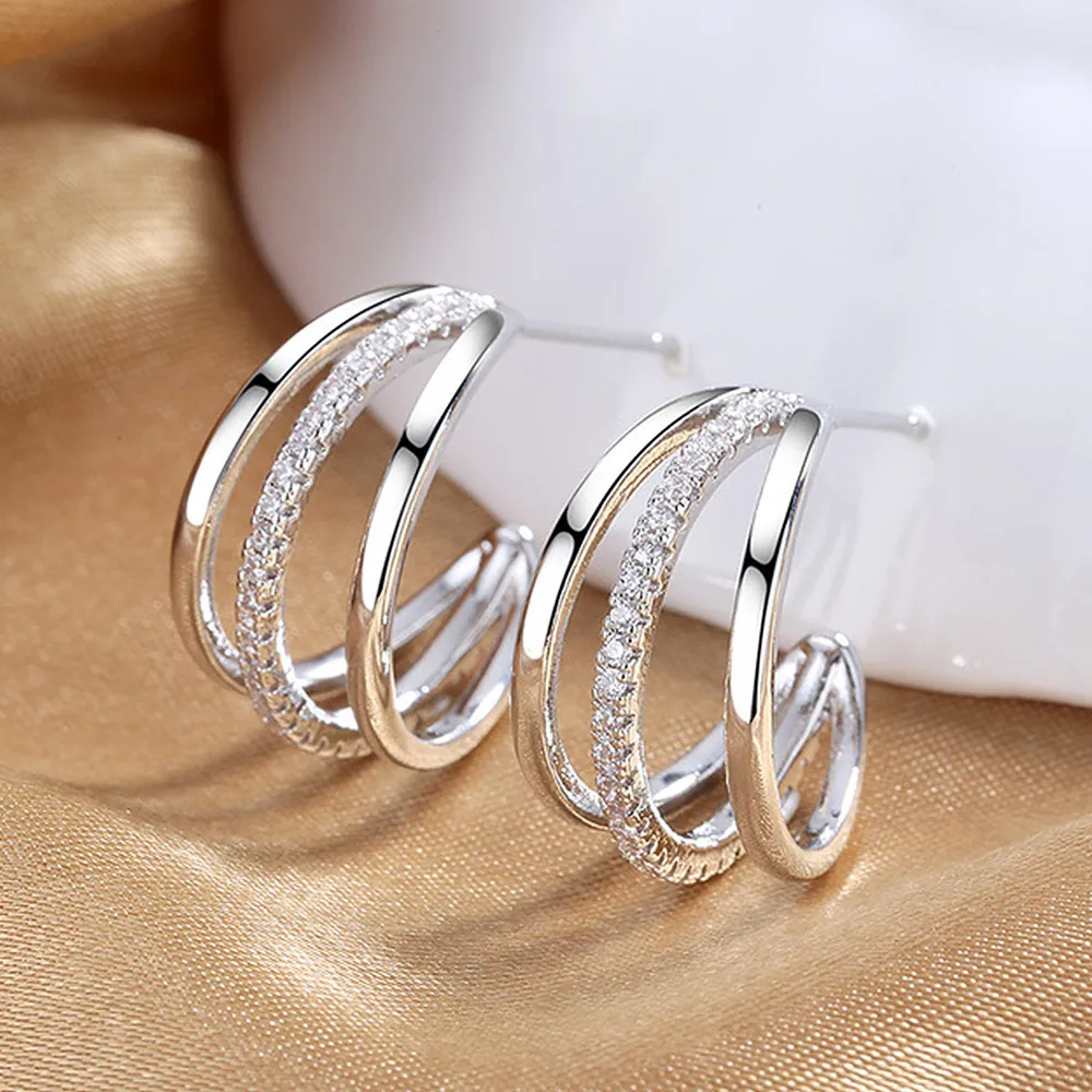 Triple Row C-Shape Hoop Earrings Copper Cubic Zirconia Inlay Minimalist Fashion Jewelry For Women