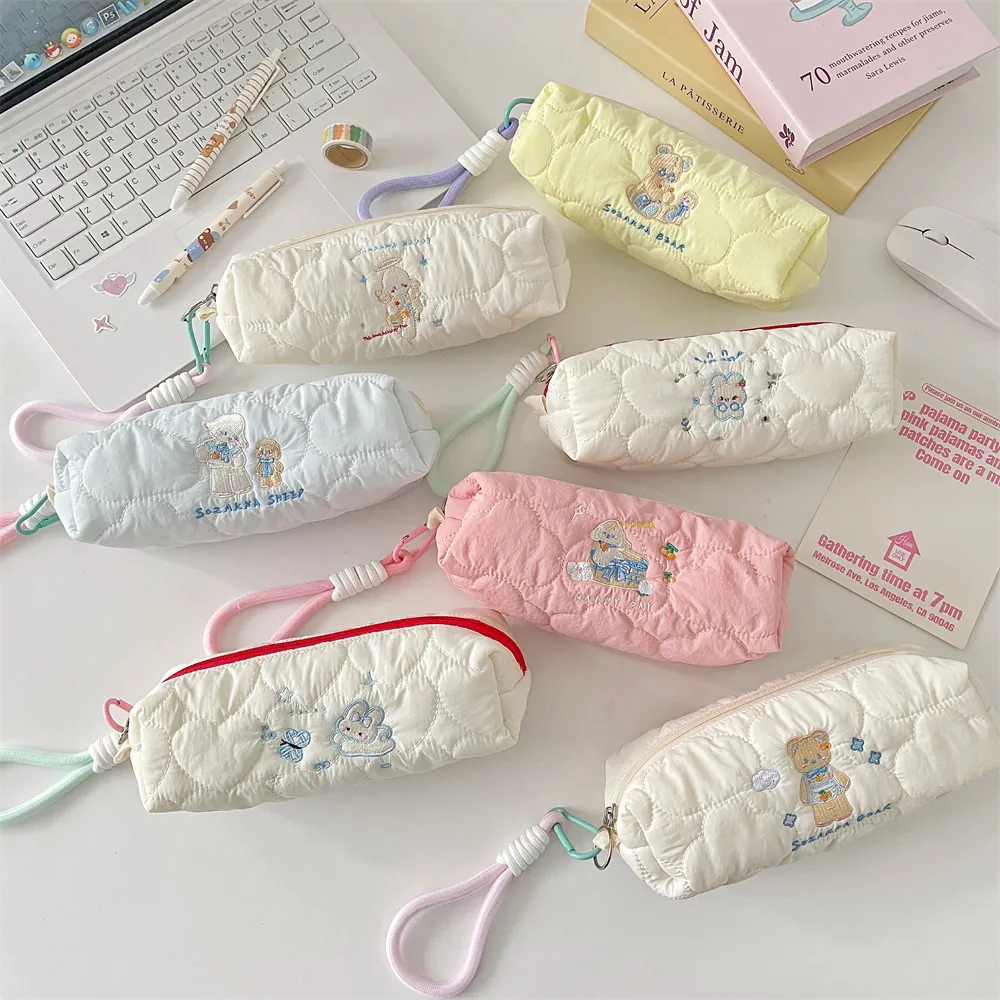 Cute Cartoon Embroidery Pencil Case Quilted Polyester Large Capacity Stationery Bag Soft Kawaii Pen Pouch For Students