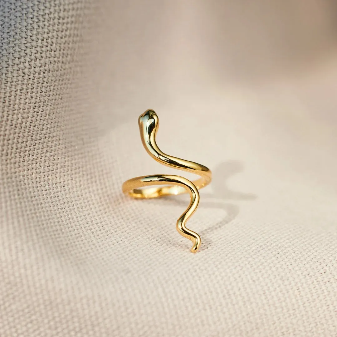 S925 Sterling Silver Snake Adjustable Open Ring For Women Fashion Jewelry Gold Plated Minimalist Wrap Finger Ring Gift