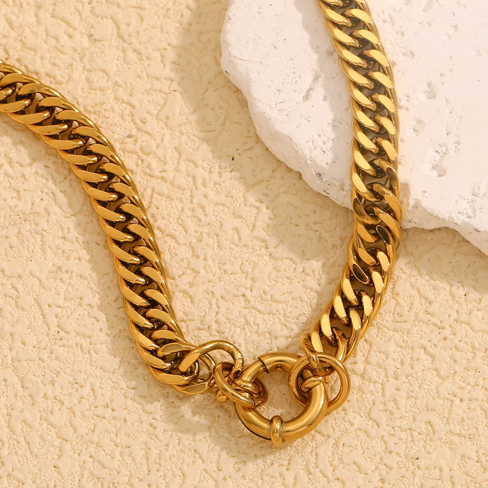 Thick Chain Necklace Stainless Steel 18K Gold Plated Minimalist Hip-Hop Cuban Link Jewelry With Round Clasp For Women