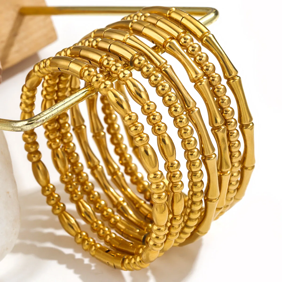 Bambus Glied Edelstahl Armreif Für Frauen Elegant Rundperlen Retro Stil Titanstahl Schmuck