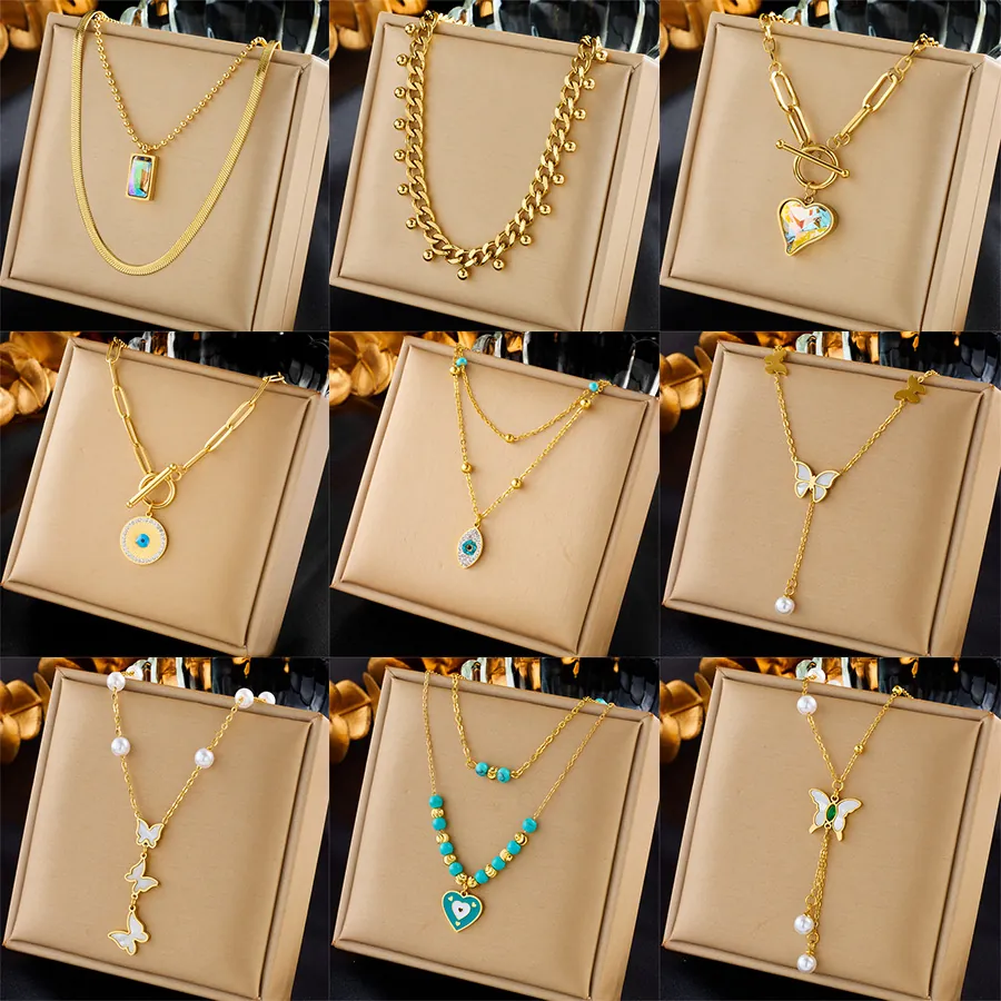 Stainless Steel Necklaces For Women With Butterfly Heart Evil Eye Pendant Mother Of Artificial Pearl Faux Artificial Pearl Multi Layer Elegant