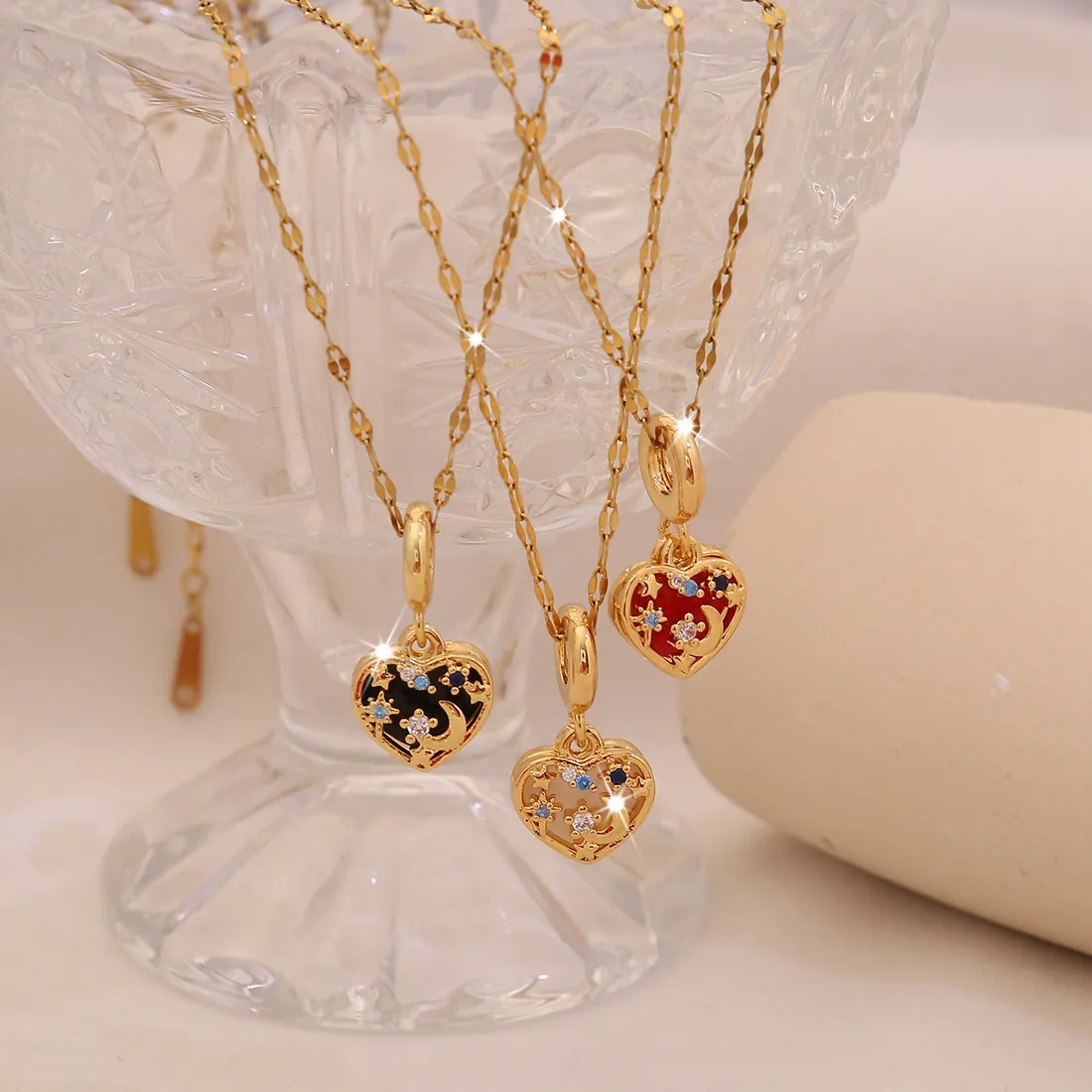 Collana Con Pendente A Cuore Rame Cavo Stella Luna Strass Smalto Doppio Strato Gioielli Di Moda Per Donne
