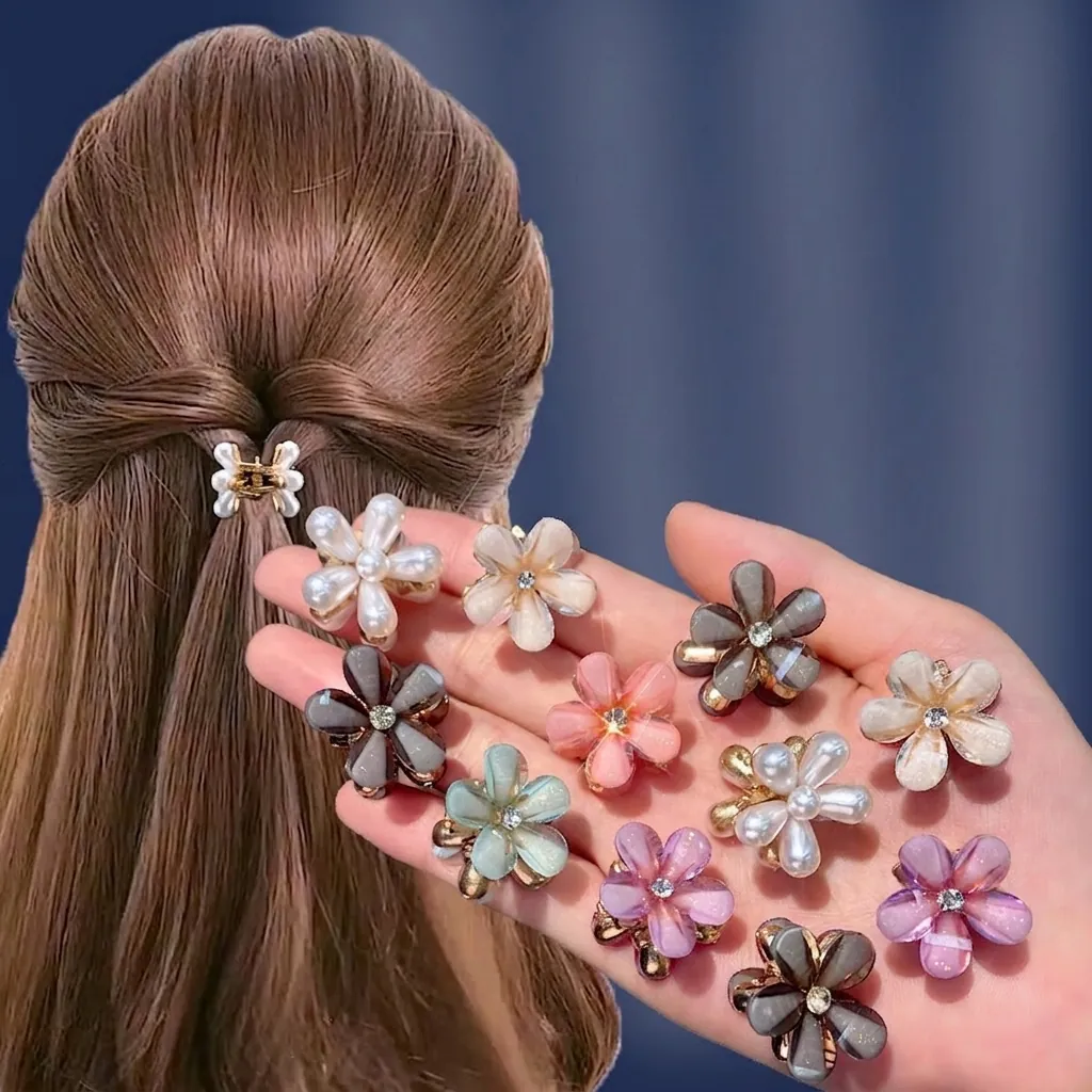 Mini Pince À Cheveux Fleur Pétale En Résine Strass Fausse Künstliche Perle Style Coréen Doux Accessoire De Cheveux Pour Femmes Filles