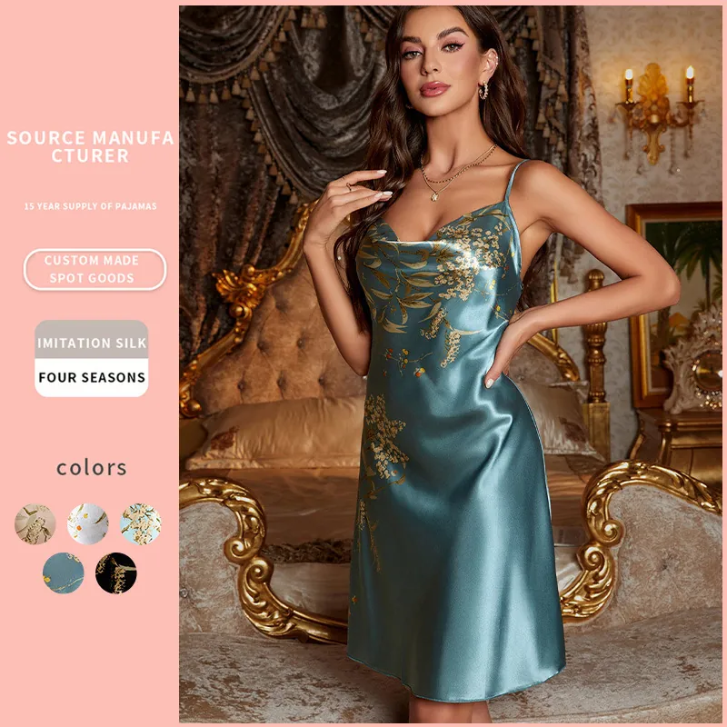 Floral Print Satin Nightgown Spaghetti Strap Cowl Neck Faux Satin Sleepwear Backless Elegant Loungewear For Women