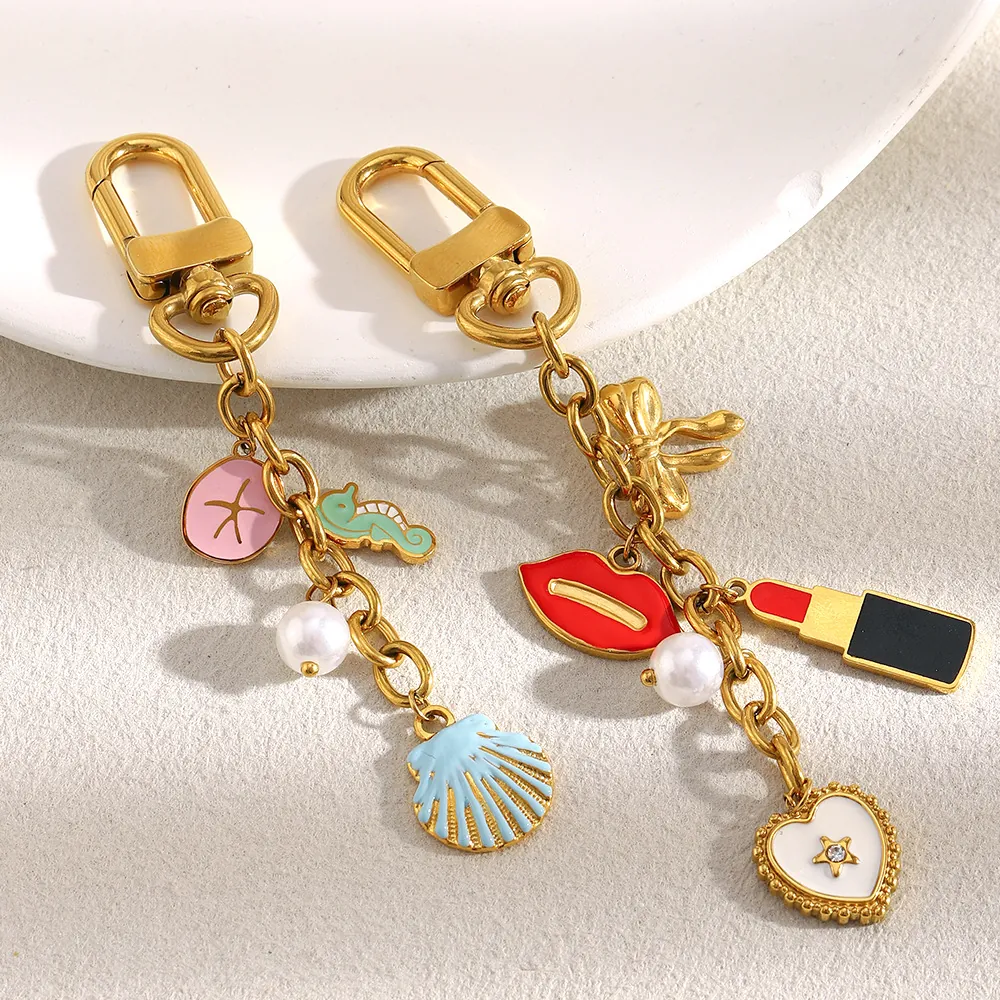 Porte-clés De Mode Pendentif Sac Acier Inoxydable Plaqué Or 18K Émail Hippocampe Coeur Rouge À Lèvres Pour Femmes