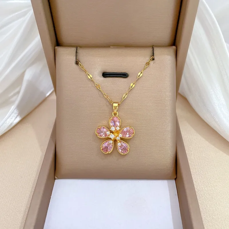 Stainless Steel Pink Five Petal Flower Pendant Necklace For Women Elegant Rhinestone Clavicle Chain Light Luxury Jewelry Gift