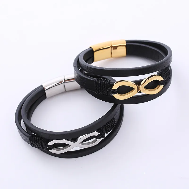 Infinity Symbol Multilayer Leather Bracelet With 304 Stainless Steel Magnetic Buckle Retro Punk Jewelry For Men