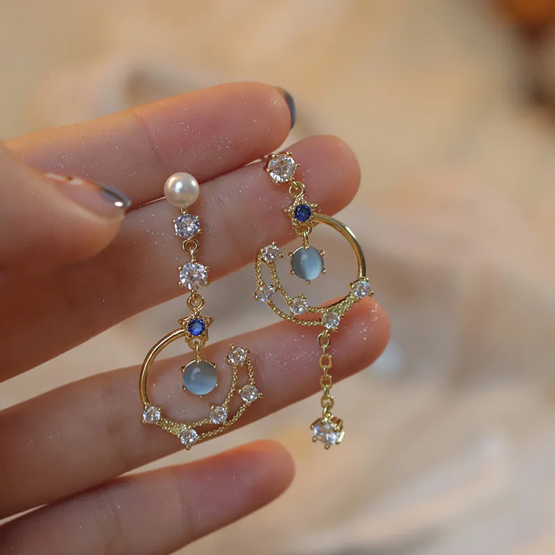 Asymmetric Long Tassel Dangle Earrings Alloy With 925 Sterling Silver Earring Post Artificial Pearl Moon Star Flower Elegant Women