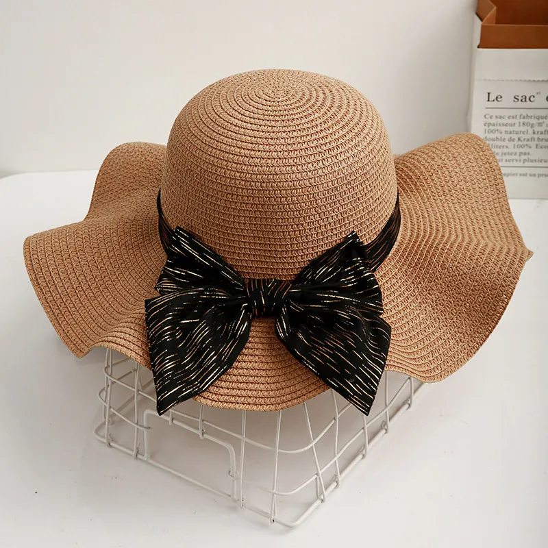 Women Straw Sun Hat Wide Wavy Brim Bowknot Breathable Beach Vacation Summer Travel Korean Style