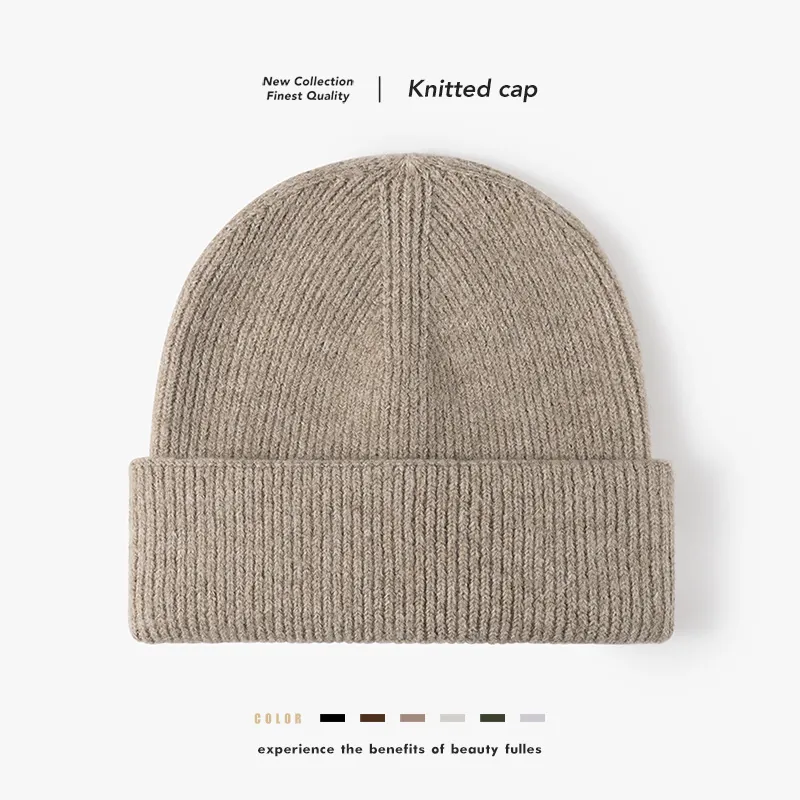 Women Wool Blend Knitted Beanie Hat Ribbed Warm Winter Daily Solid Color Fold Over Cuff Minimalist Commute