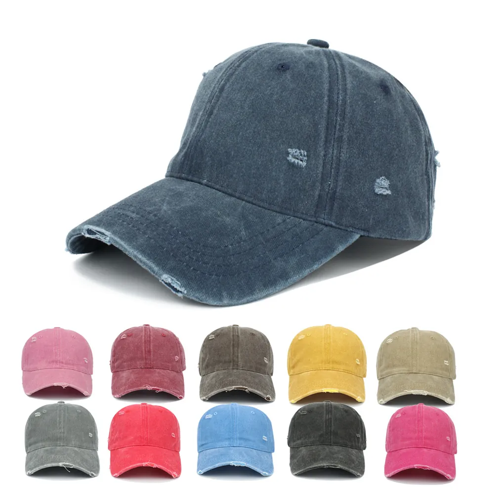 Vintage Washed Cotton Baseball Cap Distressed Hole Frayed Adjustable Soft Top Sun Hat Unisex Streetwear Style