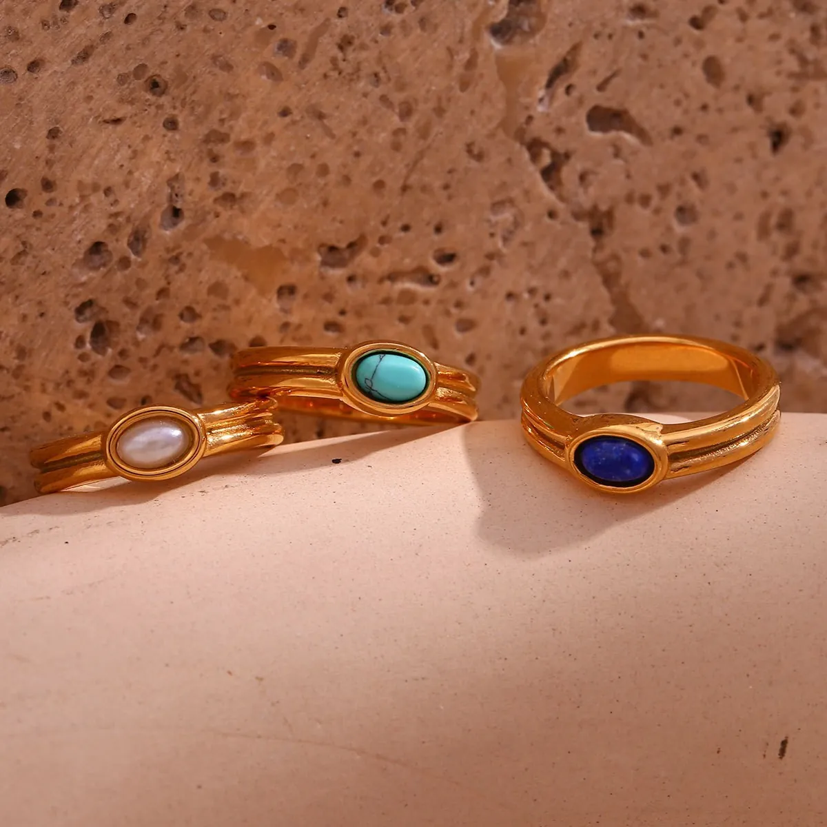 Vintage Stainless Steel Ring 18K Gold Plated Stripe Oval Turquoise Lapis Lazuli Artificial Pearl Minimalist Finger Ring Jewelry