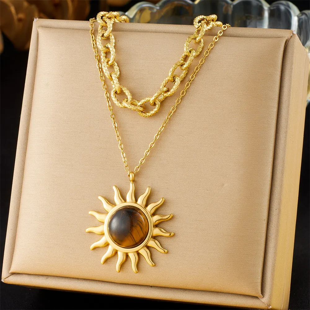 Layered Necklace With Sun Pendant Vintage Stainless Steel Tiger Eye Stone Boho Style Jewelry For Women