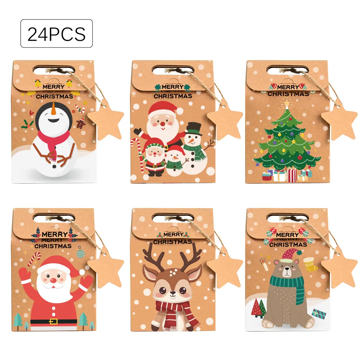 Christmas Gift Bags Kraft Paper Party Favor Treat Wrap Reindeer Santa Snowman Pattern For Candy Cookie Packaging Holiday Decor