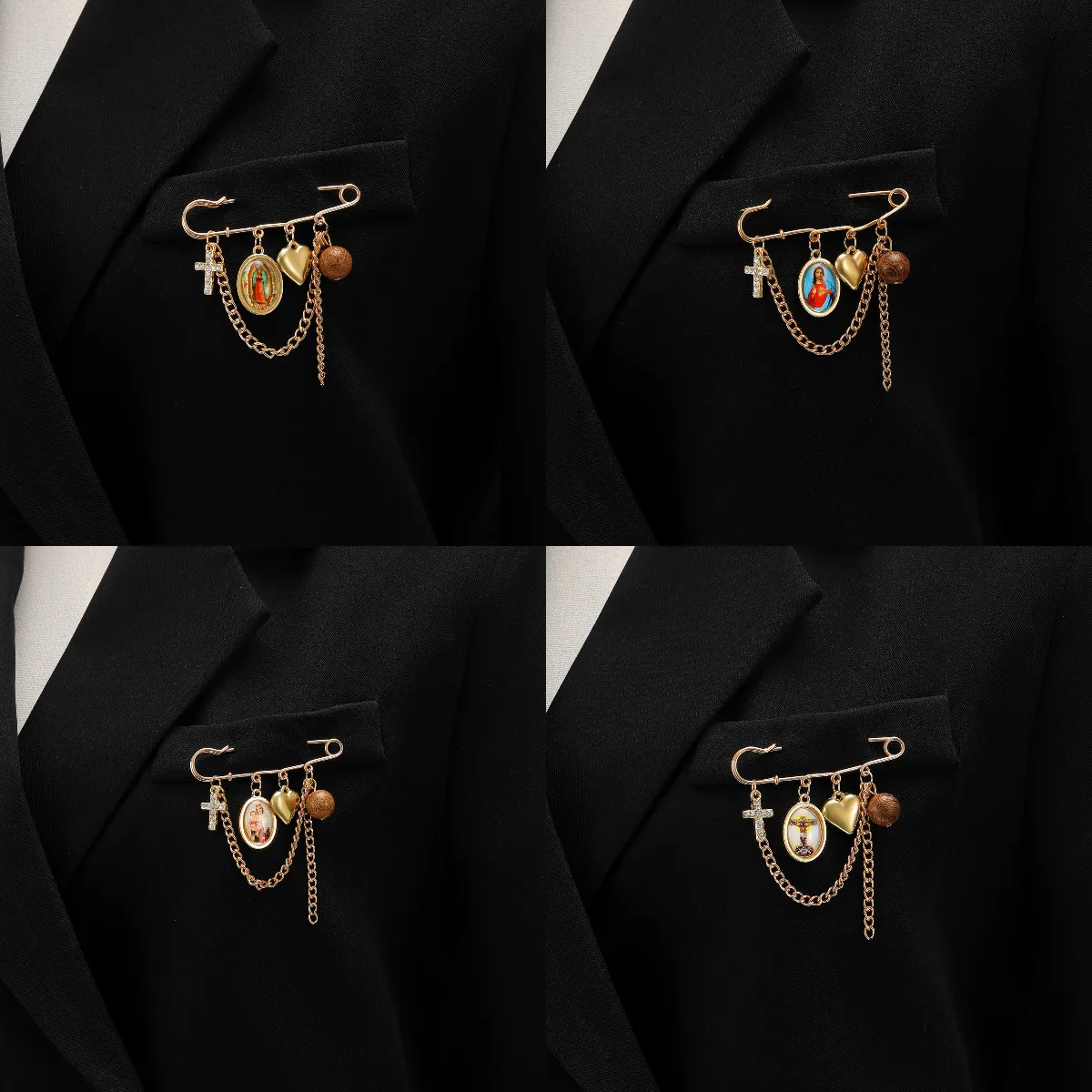 Spilla da Balia Vintage in Oro Con Croce di Strass Cuore Perla di Legno Ciondoli Religiosi Catena in Lega Spilla Gioielli