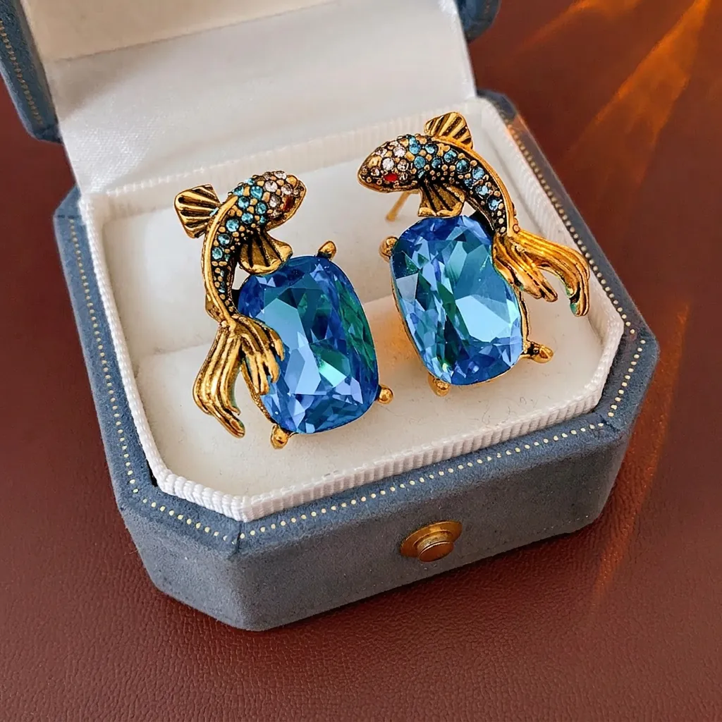 Vintage Goldfish Earrings Alloy Blue Crystal Rhinestone Luxury Court Style With Silver Earring Post Women Jewelry