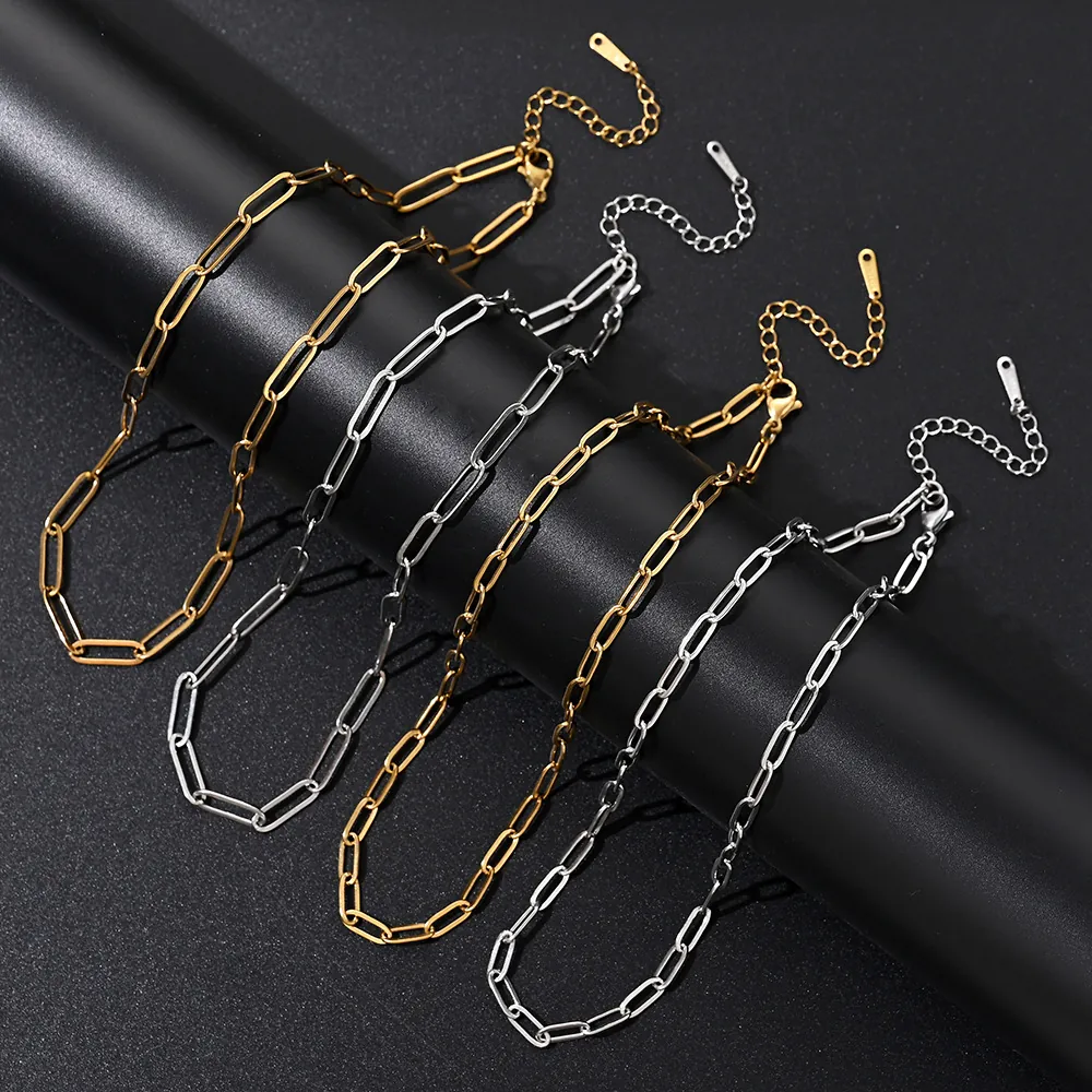 Stainless Steel Paperclip Chain Necklace 18K Gold Plated Minimalist Geometric Link Jewelry For Men Women