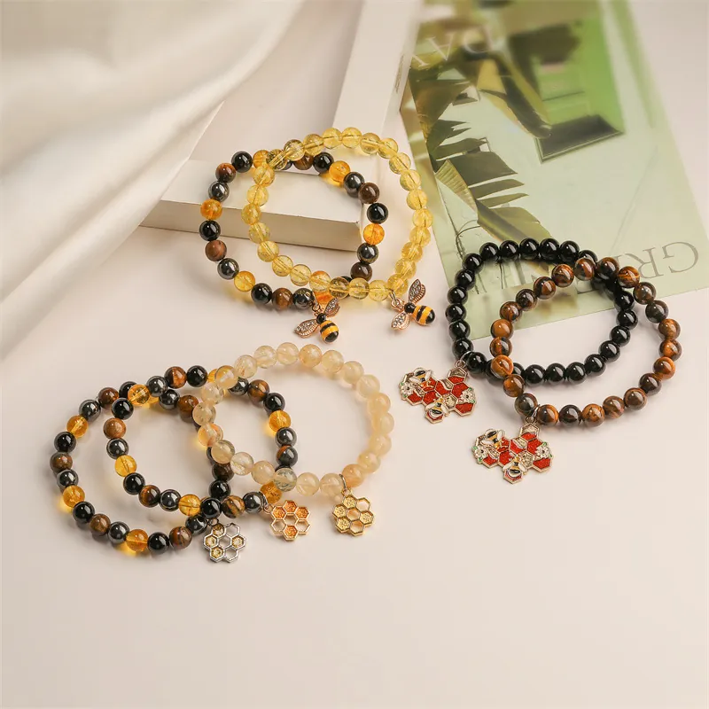 Bracelet En Perles De Pierre Naturelle Avec Pendentif Abeille Alvéole Œil De Tigre Citrine Obsidienne Émail Bijou Bohème Pour Femme