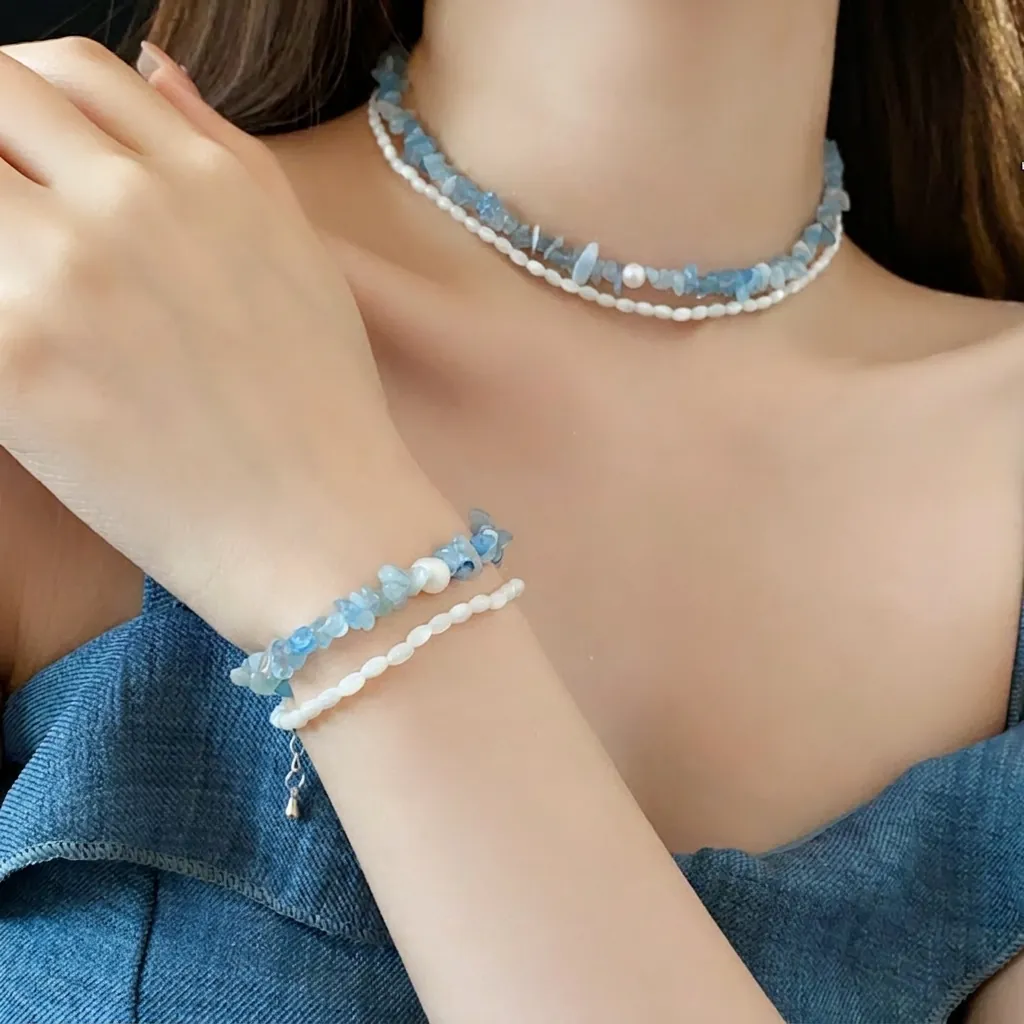 Bijoux Collier Et Bracelet En Pierre D Aigue-Marine Et Perles D Eau Douce Avec Argent Sterling 925 Pour Femmes Style Vacances