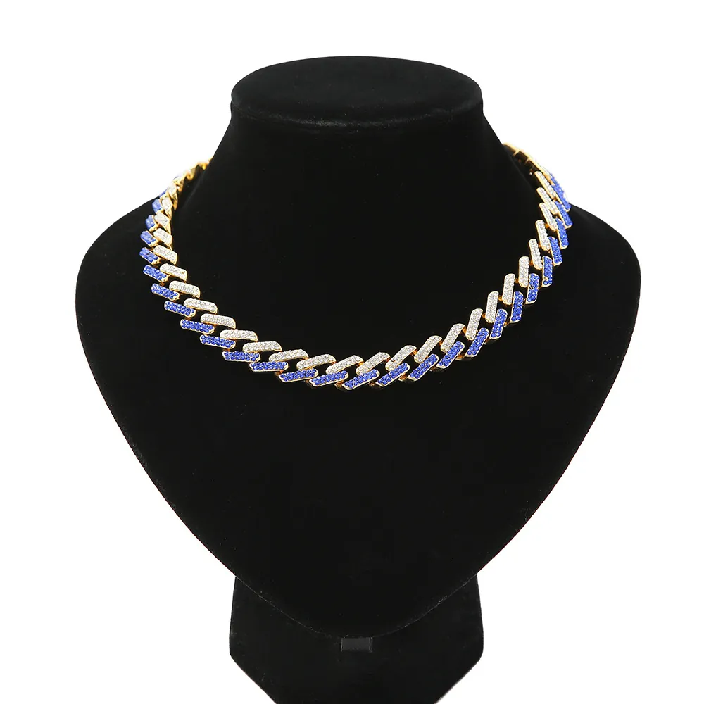 Collier Homme Hip Hop Chaîne Cuba Alliage Avec Strass Bleu Et Blanc Transparent Bijoux De Mode
