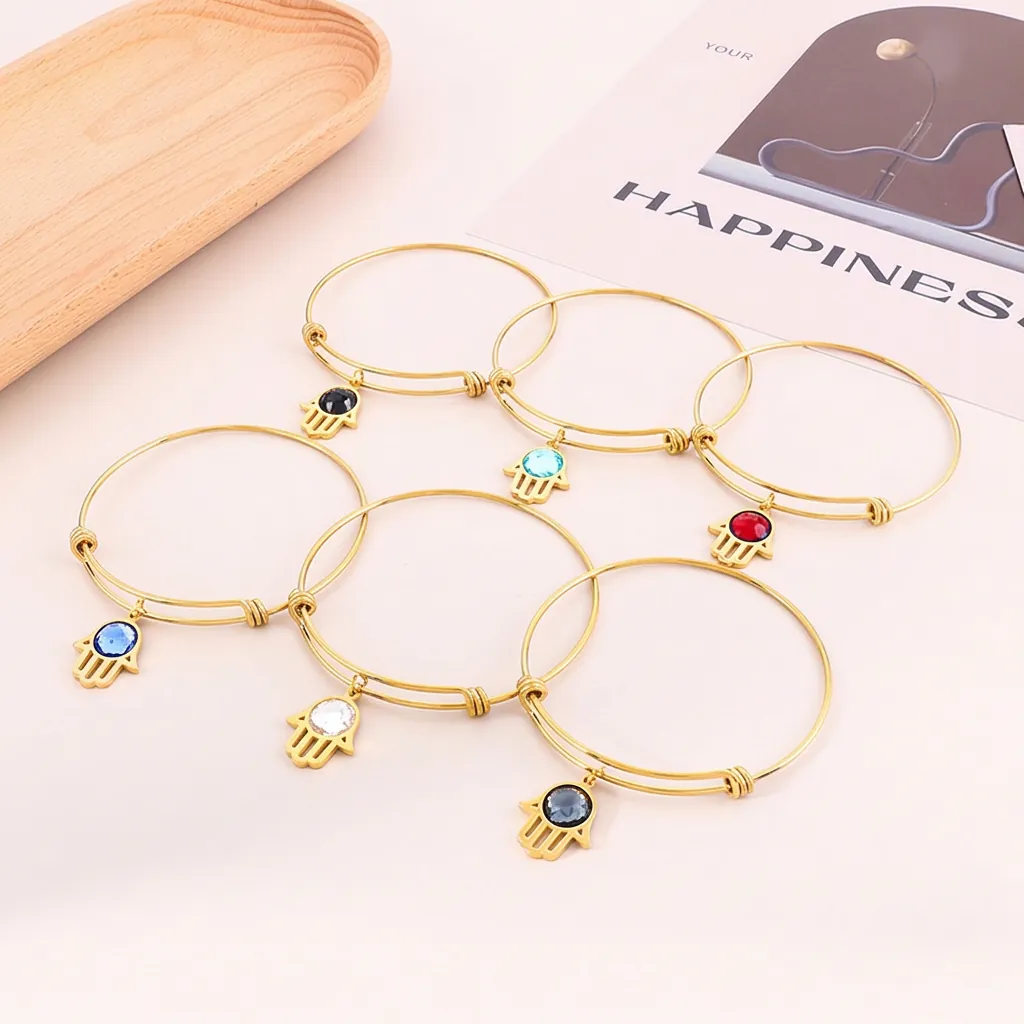 Bracciale Rigido Regolabile In Acciaio Inossidabile Con Ciondolo Mano Di Hamsa E Strass In Vetro Colorato Gioielli