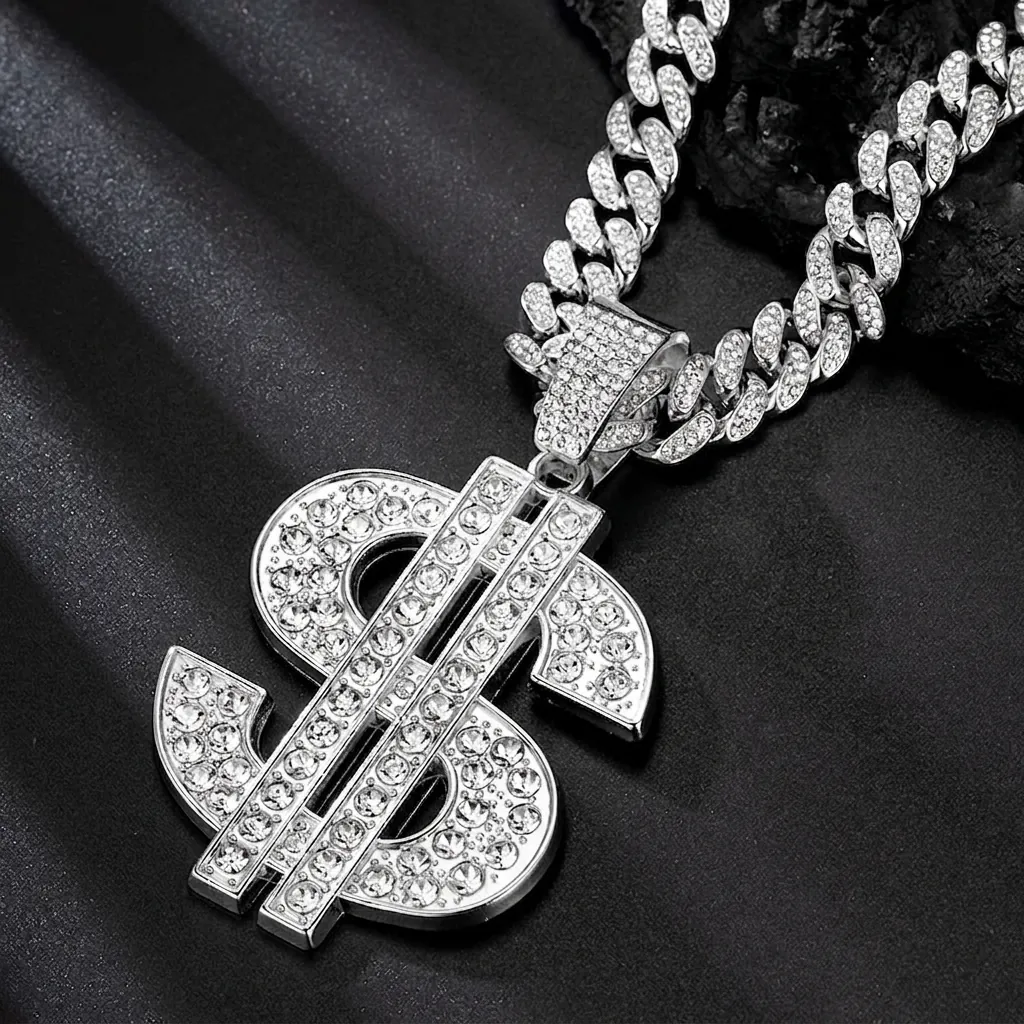 Hip Hop Dollar Sign Pendant Necklace Iced Out Alloy Rhinestone Cuban Link Chain Jewelry For Men Streetwear Style