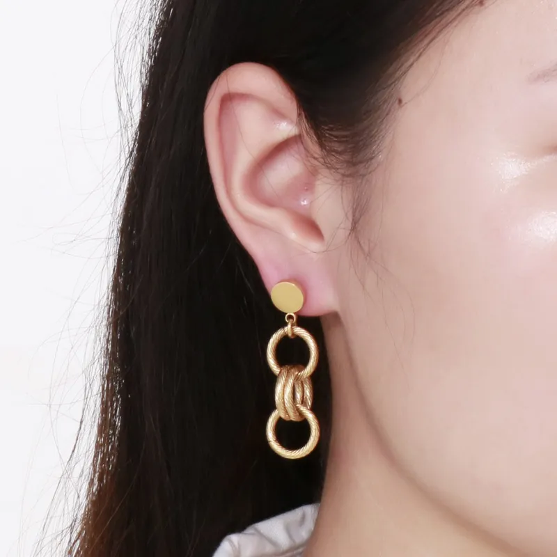 Boucles D'oreilles Pendantes En Acier Inoxydable Pour Femmes Triple Cercles Entrelacés Corde Texturée Rétro Style INS Bijoux