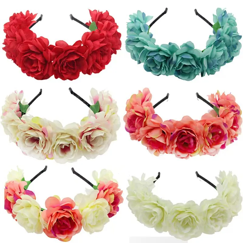 Artificial Flower Headband Realistic Satin Rose Hair Hoop Bohemian Floral Headpiece For Wedding Party Photography Women