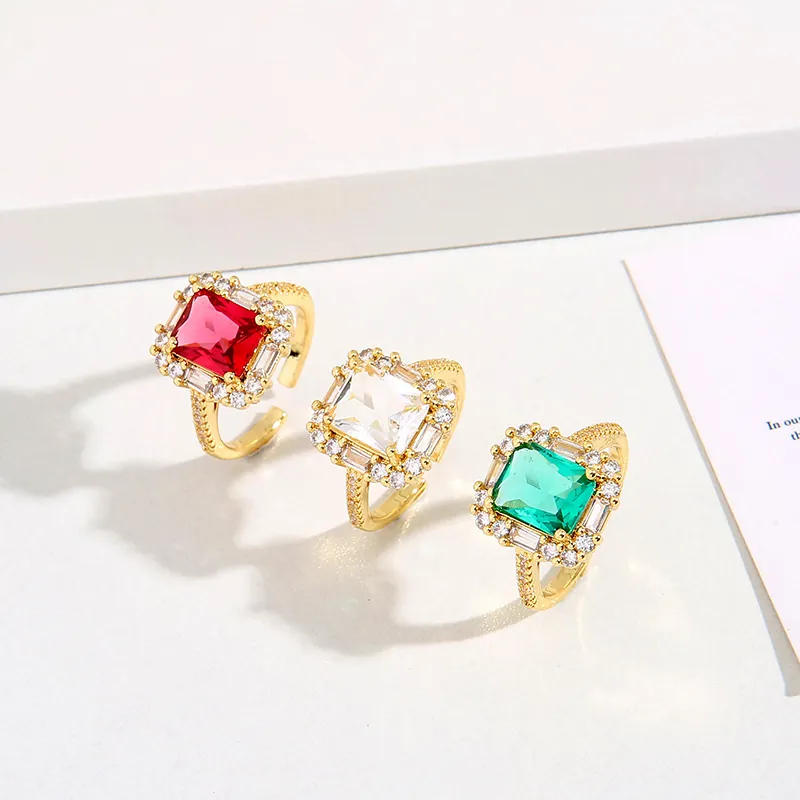 Bague En Zircon Carré Cuivre Plaqué Or Réglable Engagement Mode Luxe Bijoux Cadeau Pour Femmes