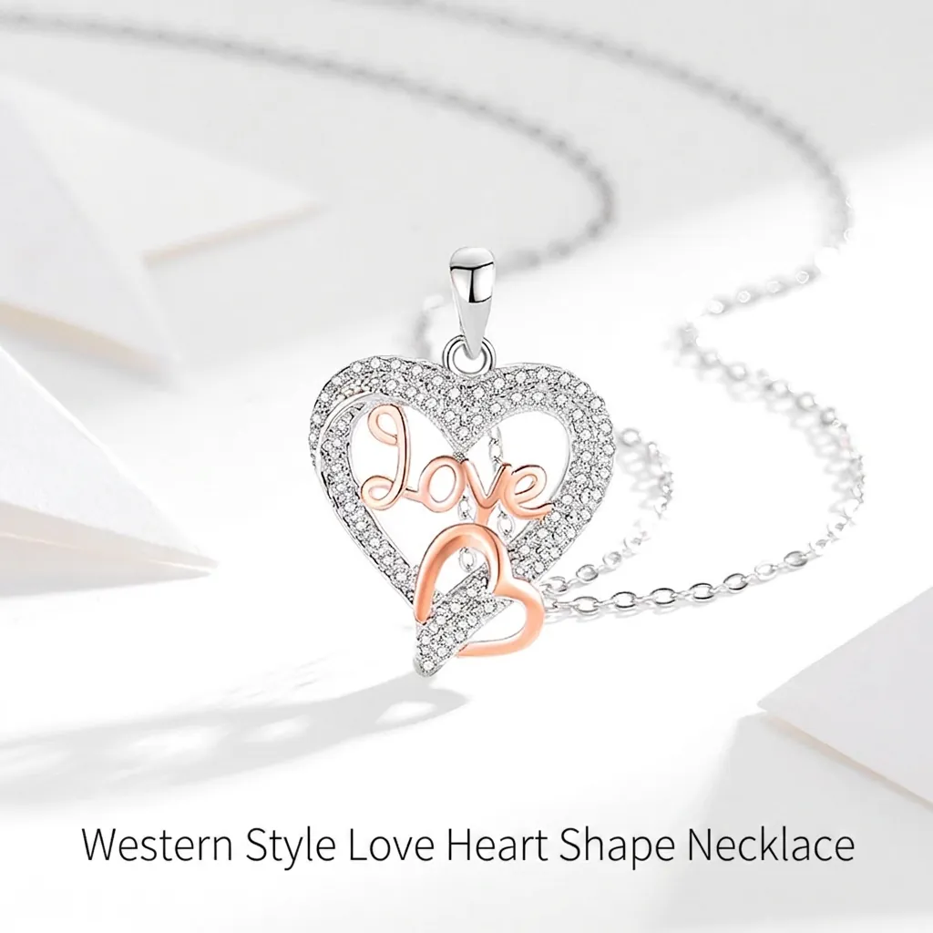925 Sterling Silver Heart Pendant Necklace With Love Letter Two-Tone Zirconia Inlaid Cross Chain For Women Fashion Jewelry Gift