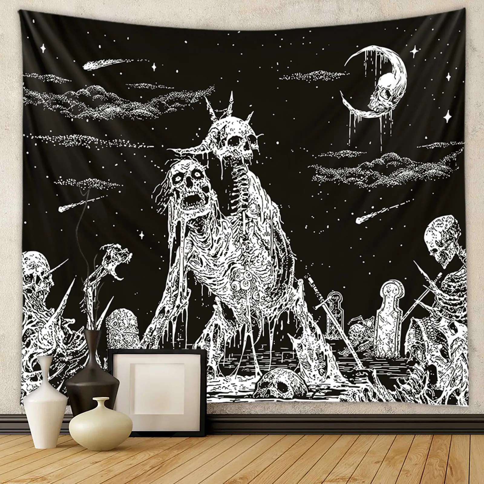 Tapestry Black And White Skeleton Gothic Wall Hanging Polyester Horror Graveyard Home Bedroom Living Room Decoration