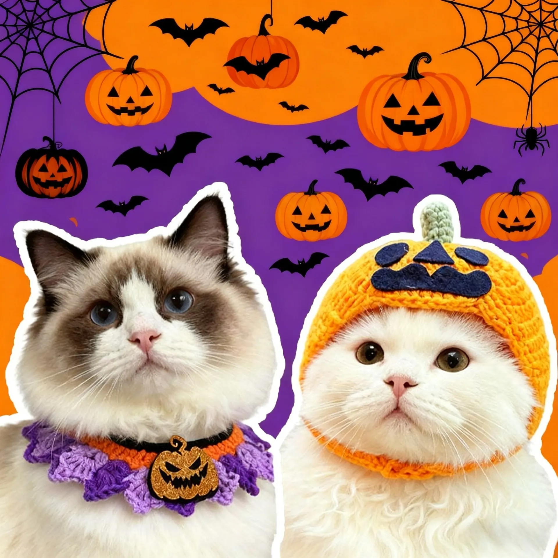 Halloween Pet Hat And Collar Hand Crocheted Knitted Pumpkin Bat Spider Decorations For Cats Small Dogs