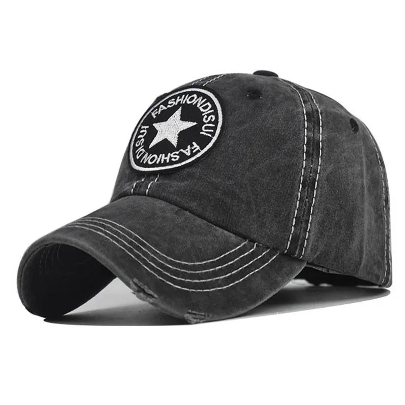 Washed Cotton Baseball Cap Pentagram Star Embroidery Distressed Retro Sun Hat Outdoor Adjustable Vintage