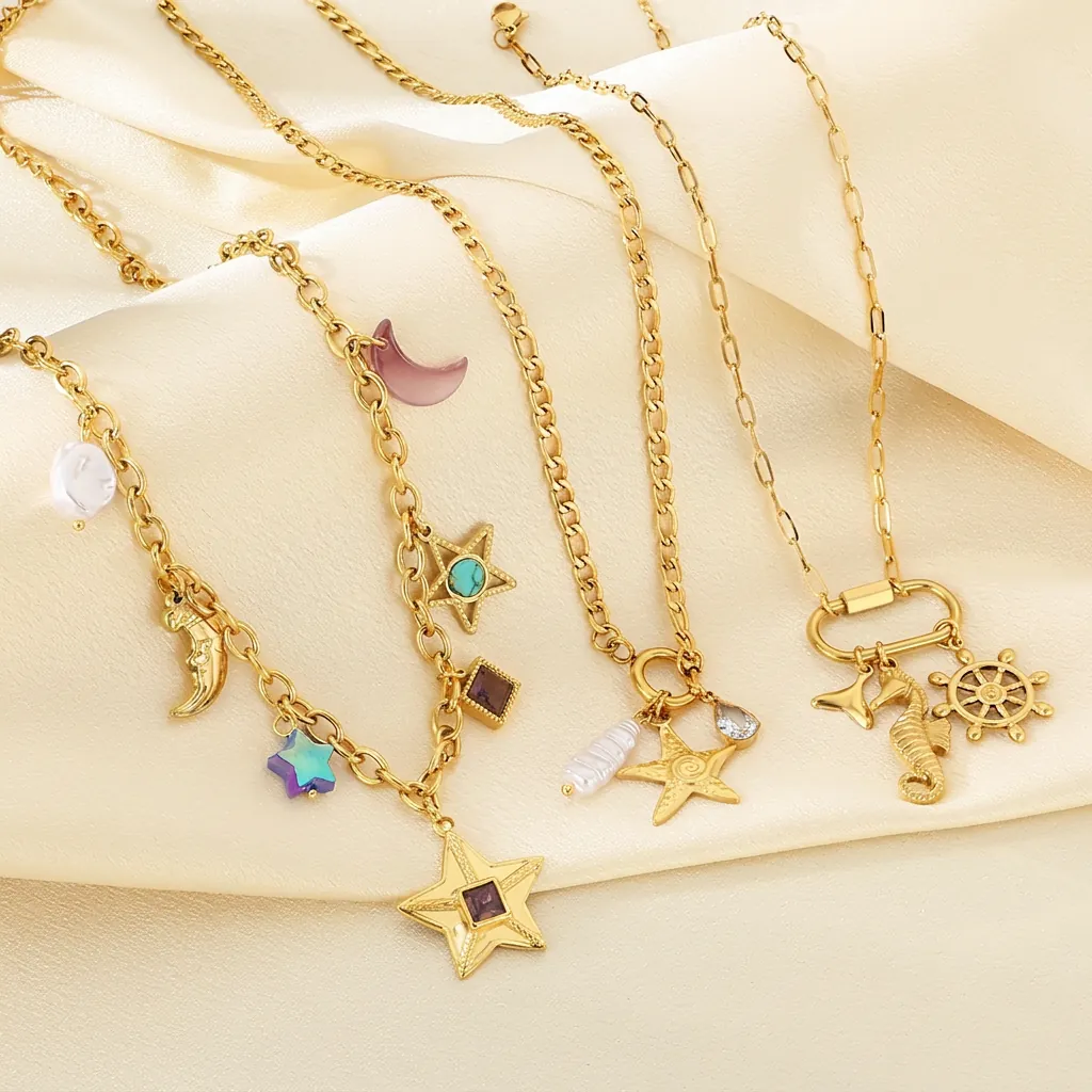 Collier En Acier Inoxydable Étoile Lune Avec Pendentif En Pierre Gemme Verre Coloré Et Künstliche Perle Imitation Bijoux Boho Pour Femmes