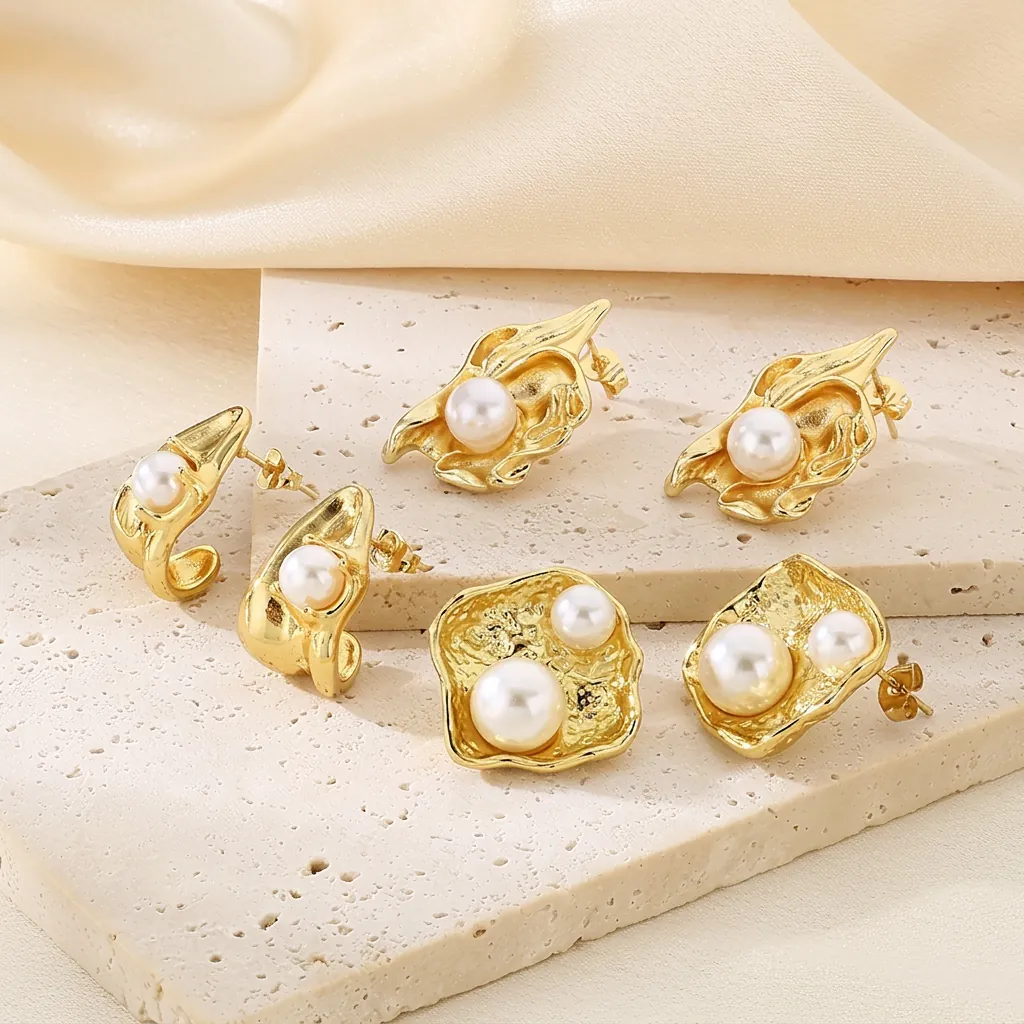 Boucles D'oreilles Künstliche Perle Géométrique Acier Inoxydable Plaqué Or 18K Texture De Lave Irrégulière Bijoux Vintage Pour Femmes