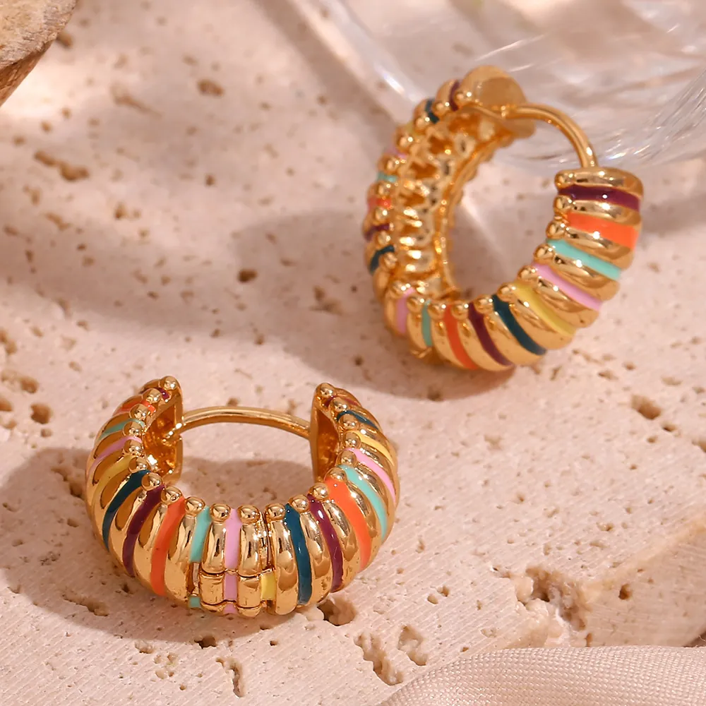 Vintage 18K Gold Plated Stainless Steel Rainbow Enamel Hoop Earrings For Women Colorful Striped Geometric Drip Oil Earring Jewelry
